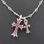 Chrome Hearts Double Cross Purple Diamond Bamboo Necklace Silver 180