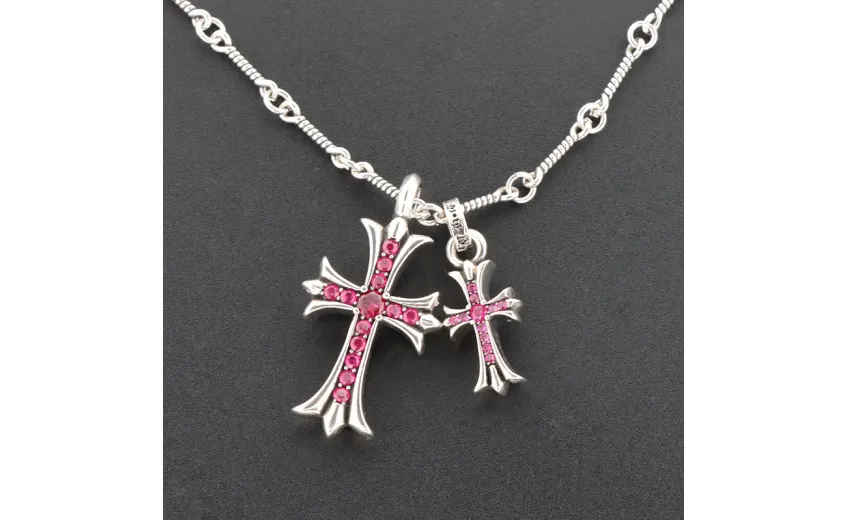 Chrome Hearts Double Cross Purple Diamond Bamboo Necklace Silver 180