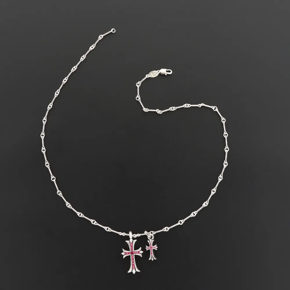 Chrome Hearts Double Cross Purple Diamond Bamboo Necklace Silver 180