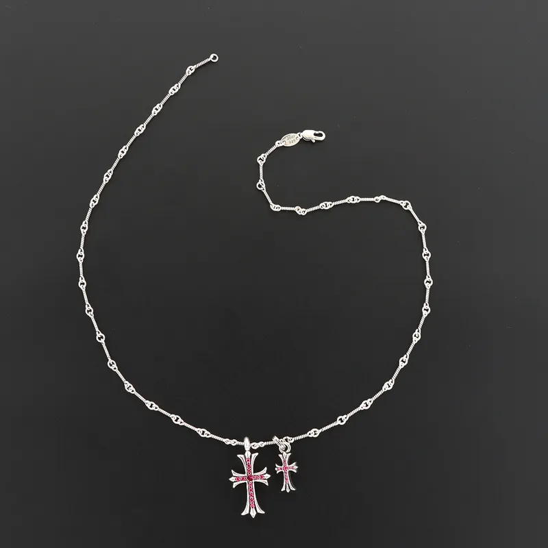 Chrome Hearts Double Cross Purple Diamond Bamboo Necklace Silver 180
