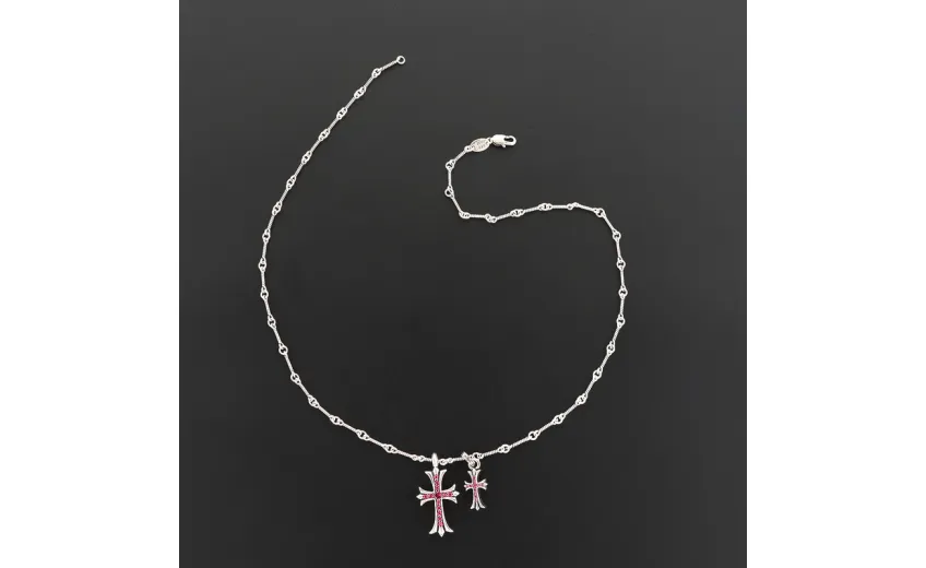 Chrome Hearts Double Cross Purple Diamond Bamboo Necklace Silver 180