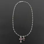 Chrome Hearts Double Cross Purple Diamond Bamboo Necklace Silver 180
