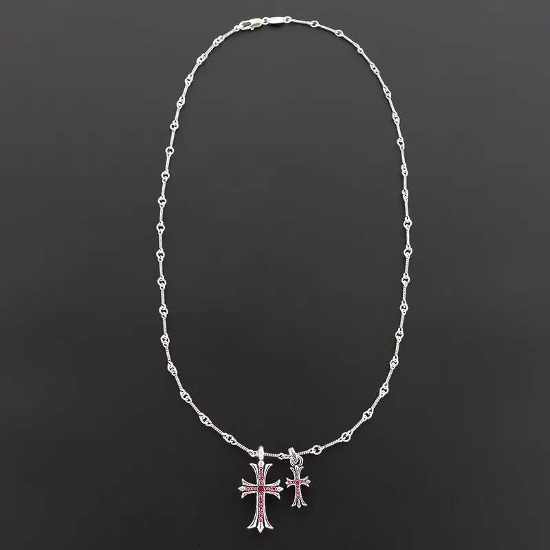 Chrome Hearts Double Cross Purple Diamond Bamboo Necklace Silver 180
