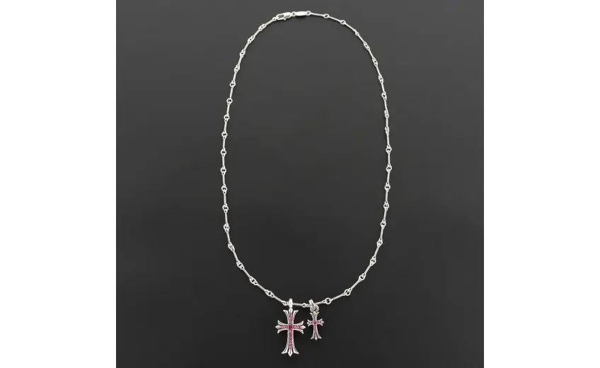 Chrome Hearts Double Cross Purple Diamond Bamboo Necklace Silver 180