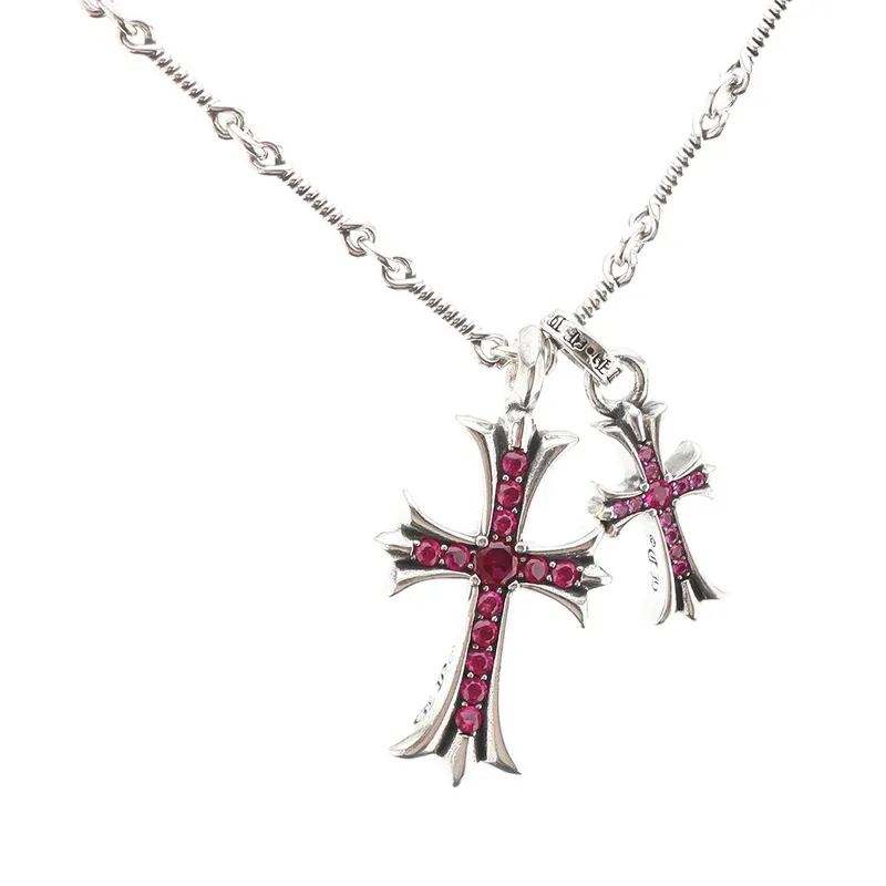 Chrome Hearts Double Cross Purple Diamond Bamboo Necklace Silver 180