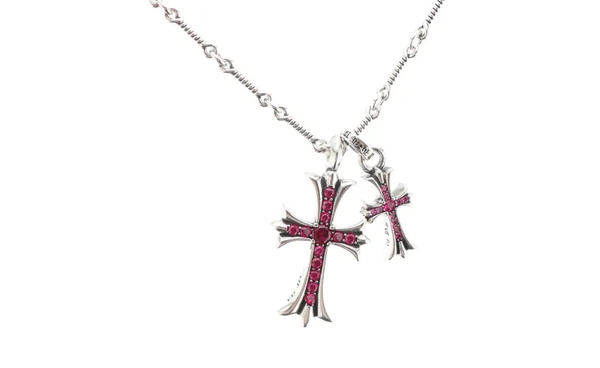 Chrome Hearts Double Cross Purple Diamond Bamboo Necklace Silver 180