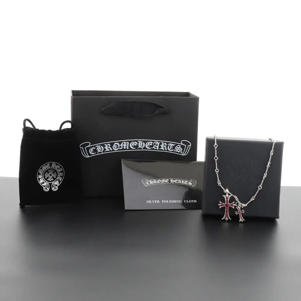 Chrome Hearts Double Cross Purple Diamond Bamboo Necklace Silver 180