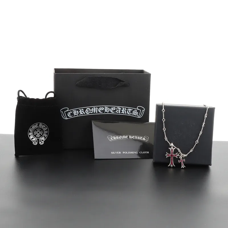 Chrome Hearts Double Cross Purple Diamond Bamboo Necklace Silver 180