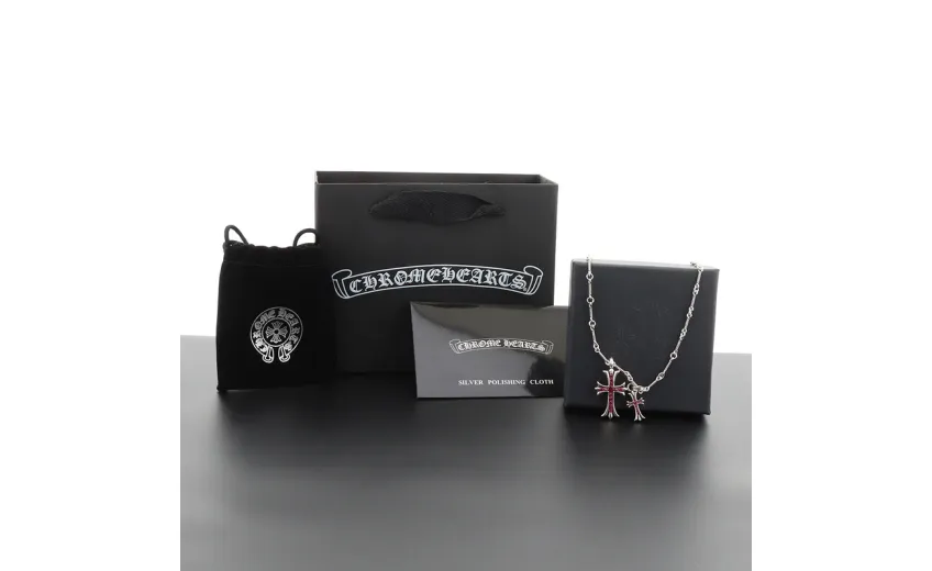 Chrome Hearts Double Cross Purple Diamond Bamboo Necklace Silver 180