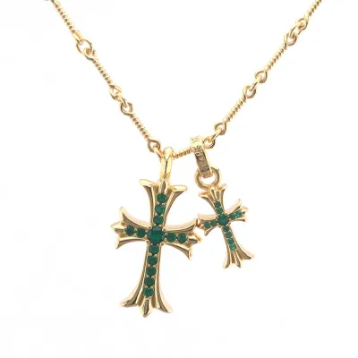 Chrome Hearts Double Cross Green Diamond Bamboo Necklace Silver 180 01