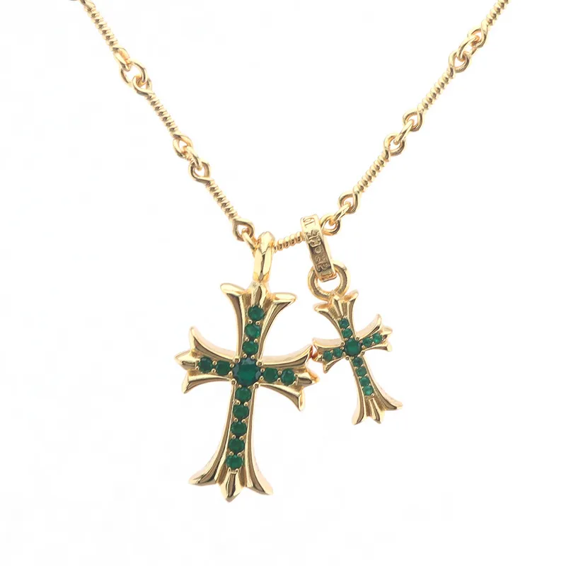 Chrome Hearts Double Cross Green Diamond Bamboo Necklace Silver 180