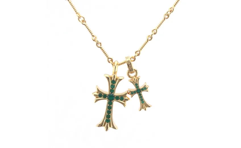 Chrome Hearts Double Cross Green Diamond Bamboo Necklace Silver 180