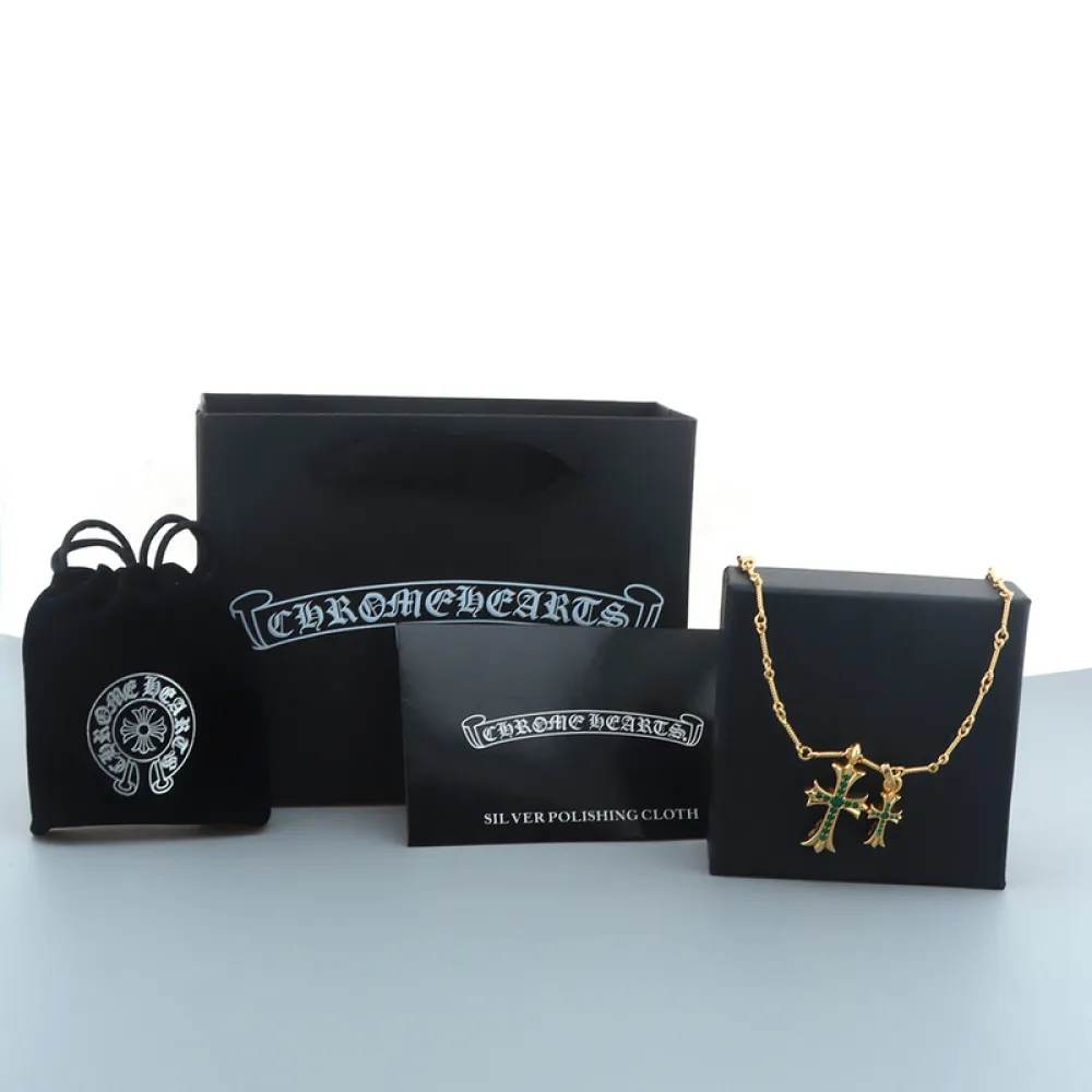 Chrome Hearts Double Cross Green Diamond Bamboo Necklace Silver 180