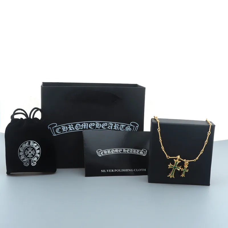 Chrome Hearts Double Cross Green Diamond Bamboo Necklace Silver 180
