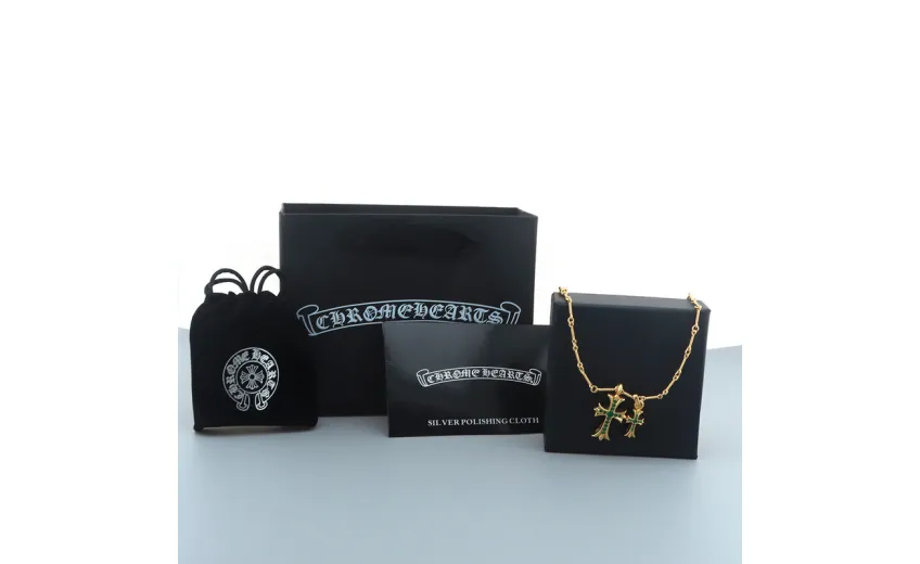Chrome Hearts Double Cross Green Diamond Bamboo Necklace Silver 180