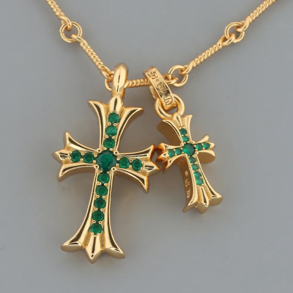 Chrome Hearts Double Cross Green Diamond Bamboo Necklace Silver 180