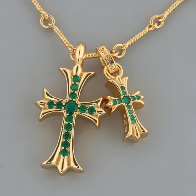 Chrome Hearts Double Cross Green Diamond Bamboo Necklace Silver 180 02