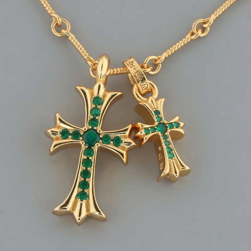 Chrome Hearts Double Cross Green Diamond Bamboo Necklace Silver 180