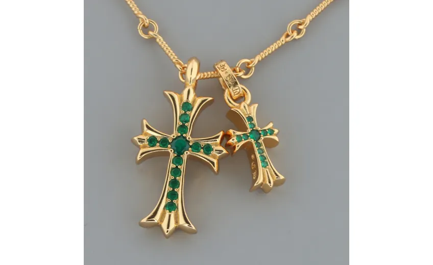 Chrome Hearts Double Cross Green Diamond Bamboo Necklace Silver 180