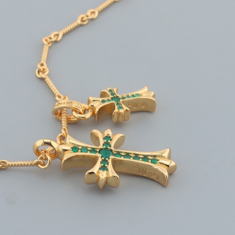 Bstsneaker-Chrome Hearts Double Cross Green Diamond Bamboo Necklace 180