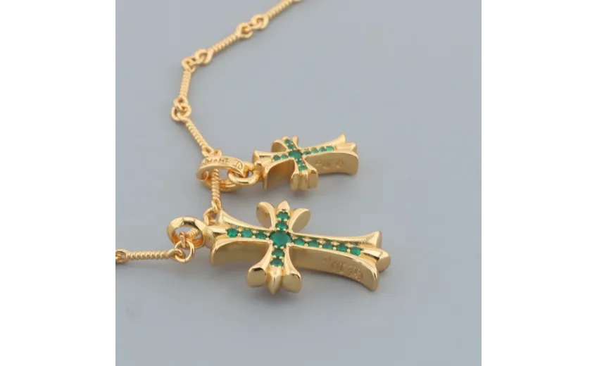 Chrome Hearts Double Cross Green Diamond Bamboo Necklace Silver 180