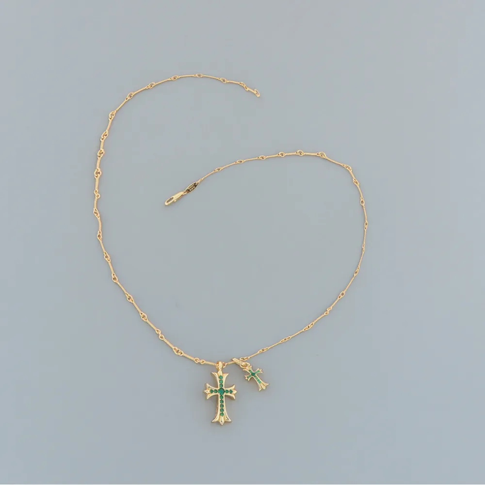 Chrome Hearts Double Cross Green Diamond Bamboo Necklace Silver 180