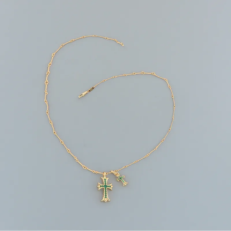 Chrome Hearts Double Cross Green Diamond Bamboo Necklace Silver 180