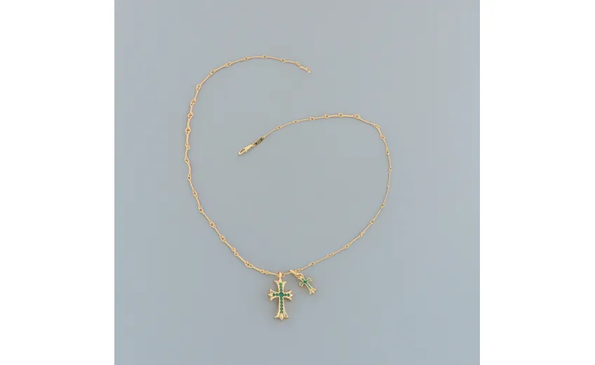 Chrome Hearts Double Cross Green Diamond Bamboo Necklace Silver 180