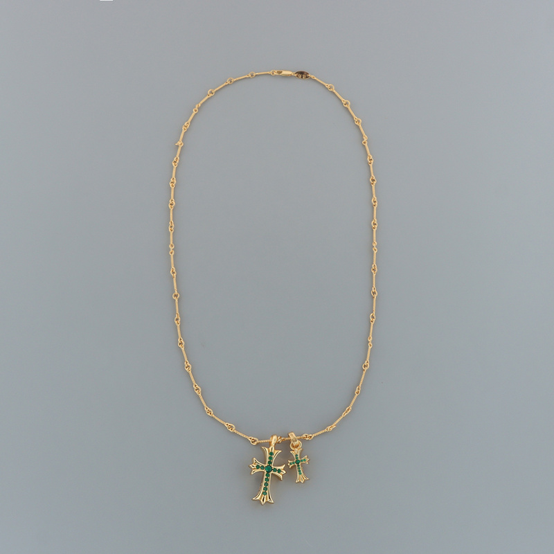 Bstsneaker-Chrome Hearts Double Cross Green Diamond Bamboo Necklace 180