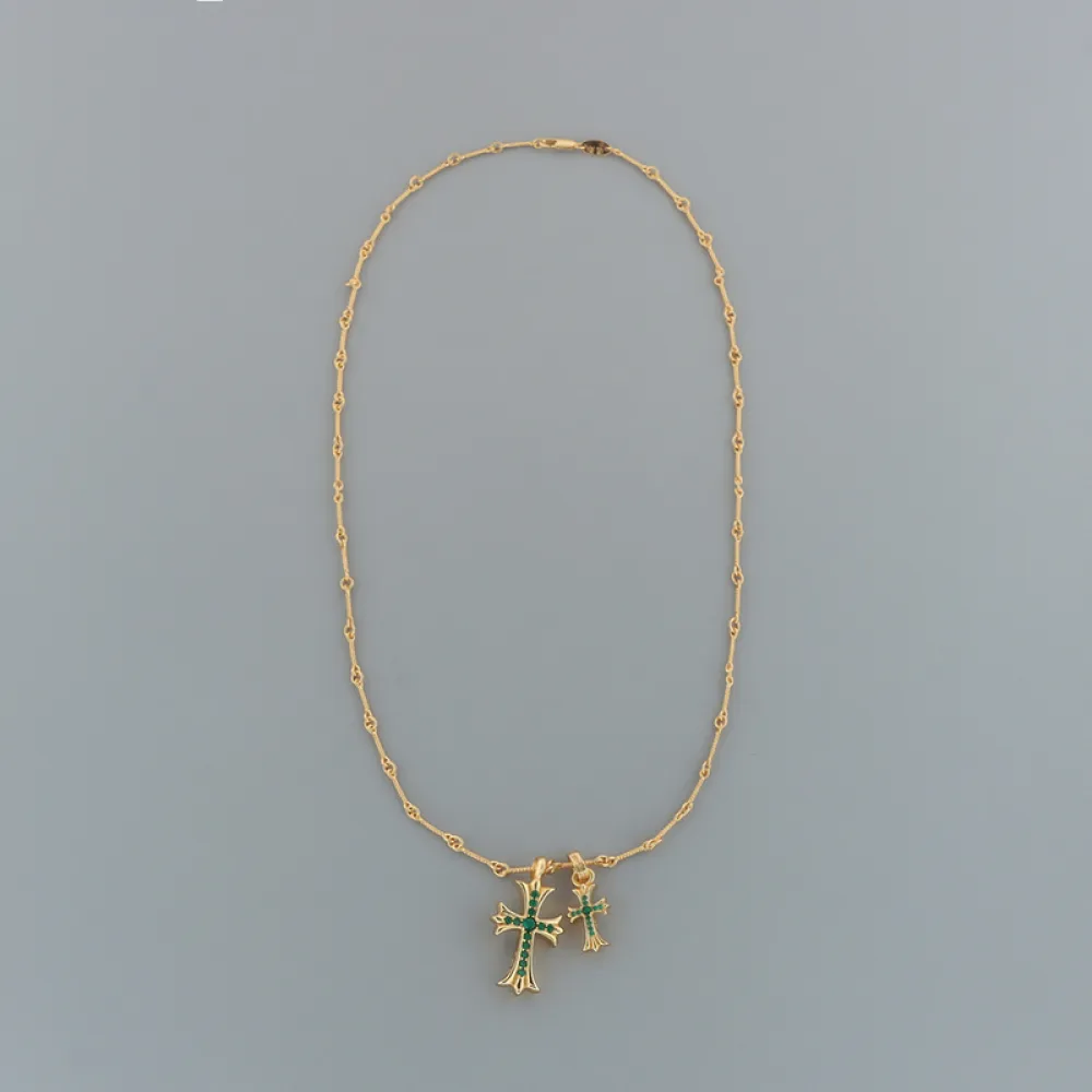 Chrome Hearts Double Cross Green Diamond Bamboo Necklace Silver 180