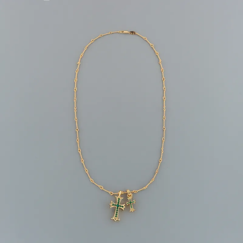 Chrome Hearts Double Cross Green Diamond Bamboo Necklace Silver 180