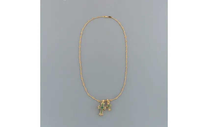 Chrome Hearts Double Cross Green Diamond Bamboo Necklace Silver 180