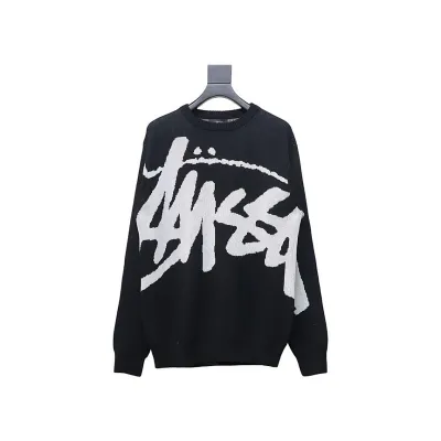 Stussy SS24 Large Logo Pattern Knitted Crewneck Sweater black 250 01