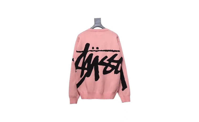 Stussy SS24 Large Logo Pattern Knitted Crewneck Sweater pink 250