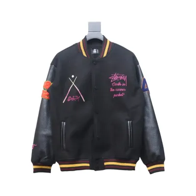 Stussy 40th Anniversary Limited Edition Black 8 Towel Embroidery Couple Baseball Jacket 290 01