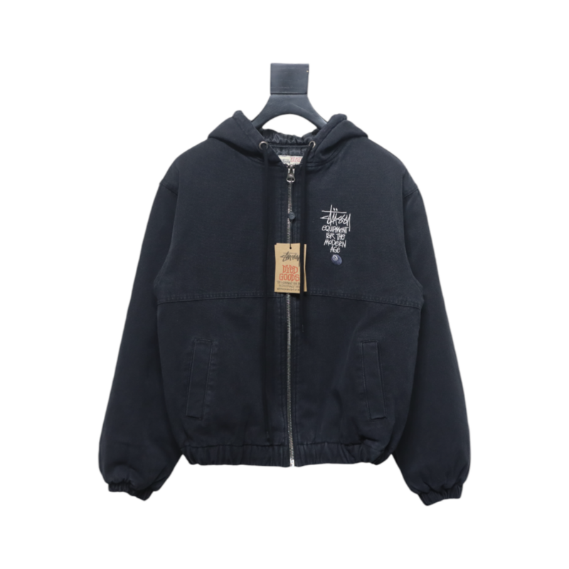 Bstsneaker-Stussy Washed Distressed Embroidery Black 8 Hooded Cotton Jacket black 330