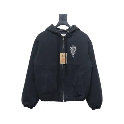 Stussy Washed Distressed Embroidery Black 8 Hooded Cotton Jacket black 330 01