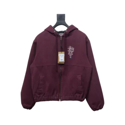 Stussy Washed Distressed Embroidery Black 8 Hooded Cotton Jacket red 330 01