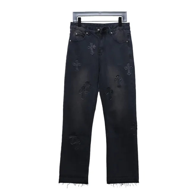 Bstsneaker-Chrome Hearts Leather Cross Denim Jeans  All Black 190