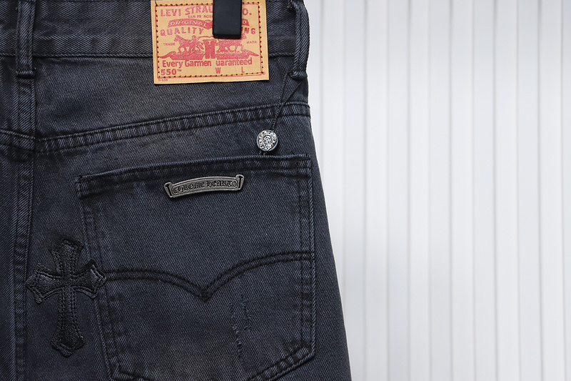 Bstsneaker-Chrome Hearts Leather Cross Denim Jeans  All Black 200