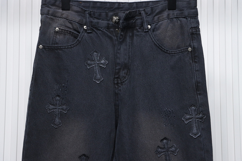 Bstsneaker-Chrome Hearts Leather Cross Denim Jeans  All Black 200