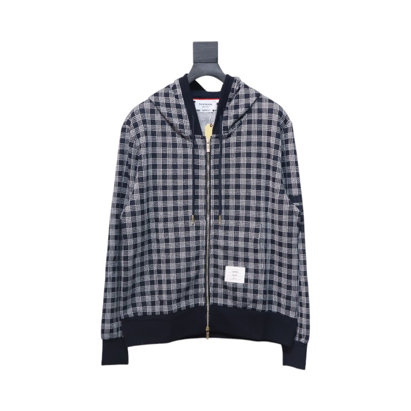Bstsneaker-Thom Browne Blue Cotton Gunclub Check Jacquard 4-Bar Zip-up Hoodie  120