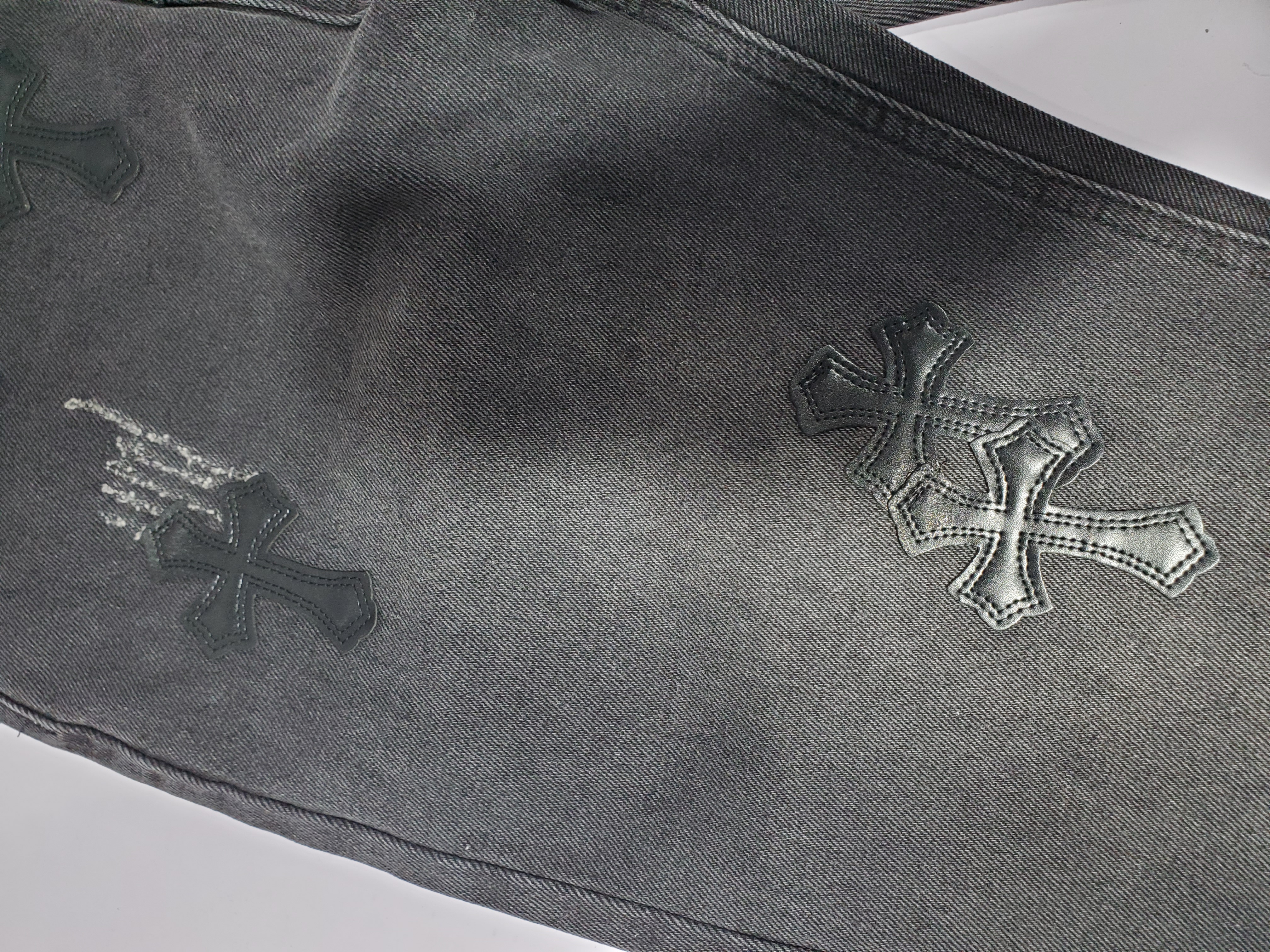 Bstsneaker-Chrome Hearts Leather Cross Denim Jeans  All Black 200