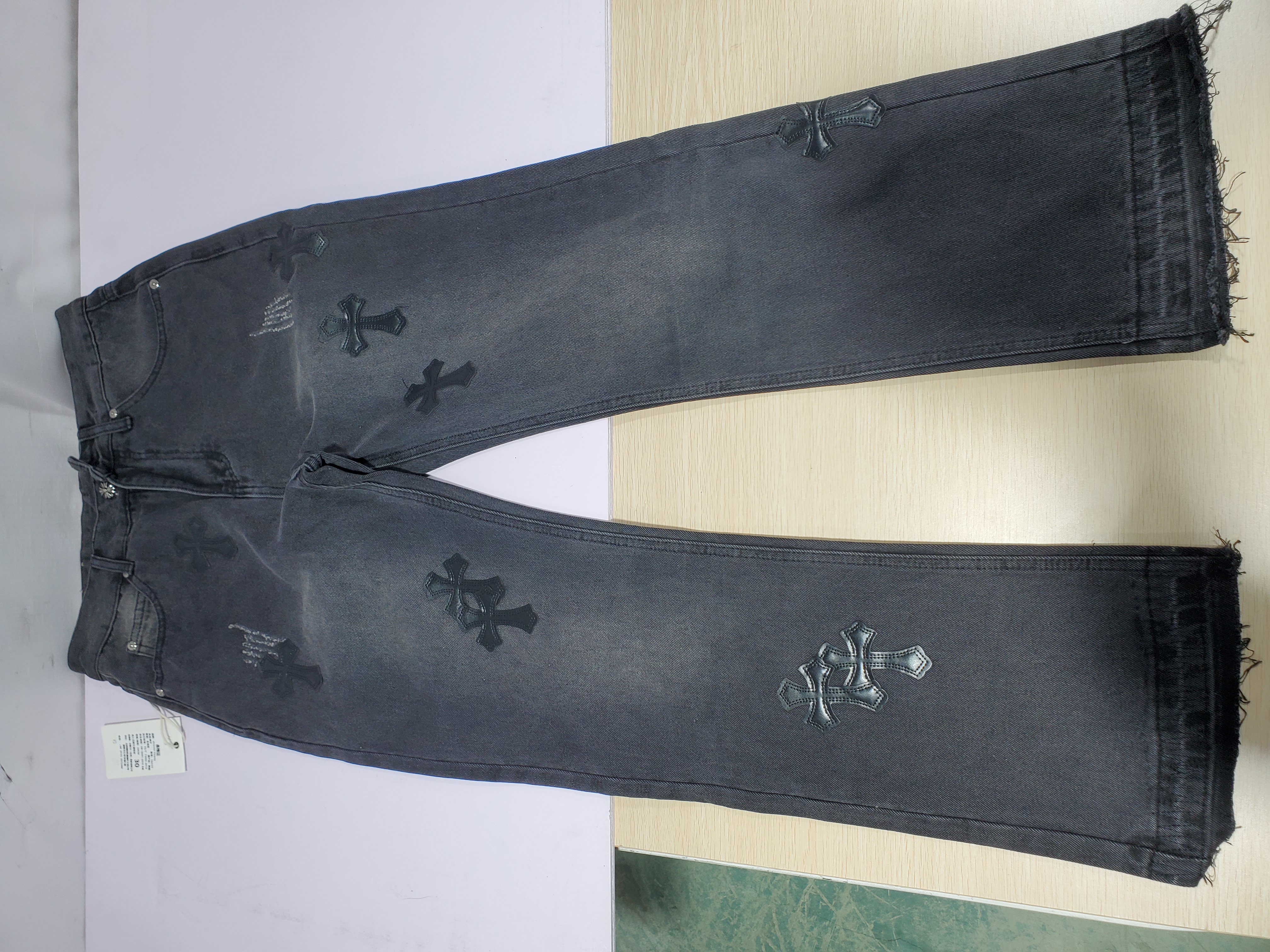 Bstsneaker-Chrome Hearts Leather Cross Denim Jeans  All Black 200