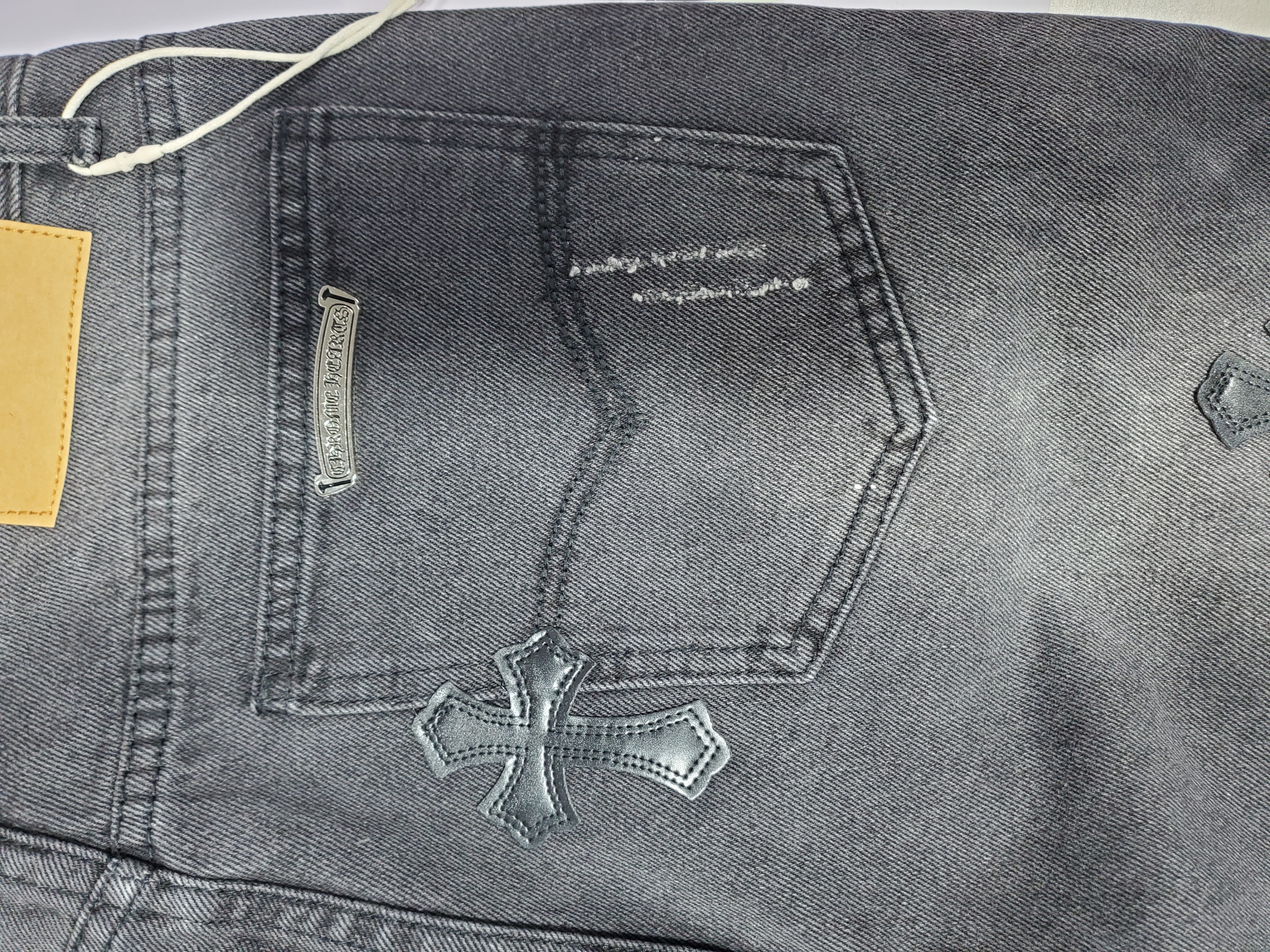 Bstsneaker-Chrome Hearts Leather Cross Denim Jeans  All Black 200