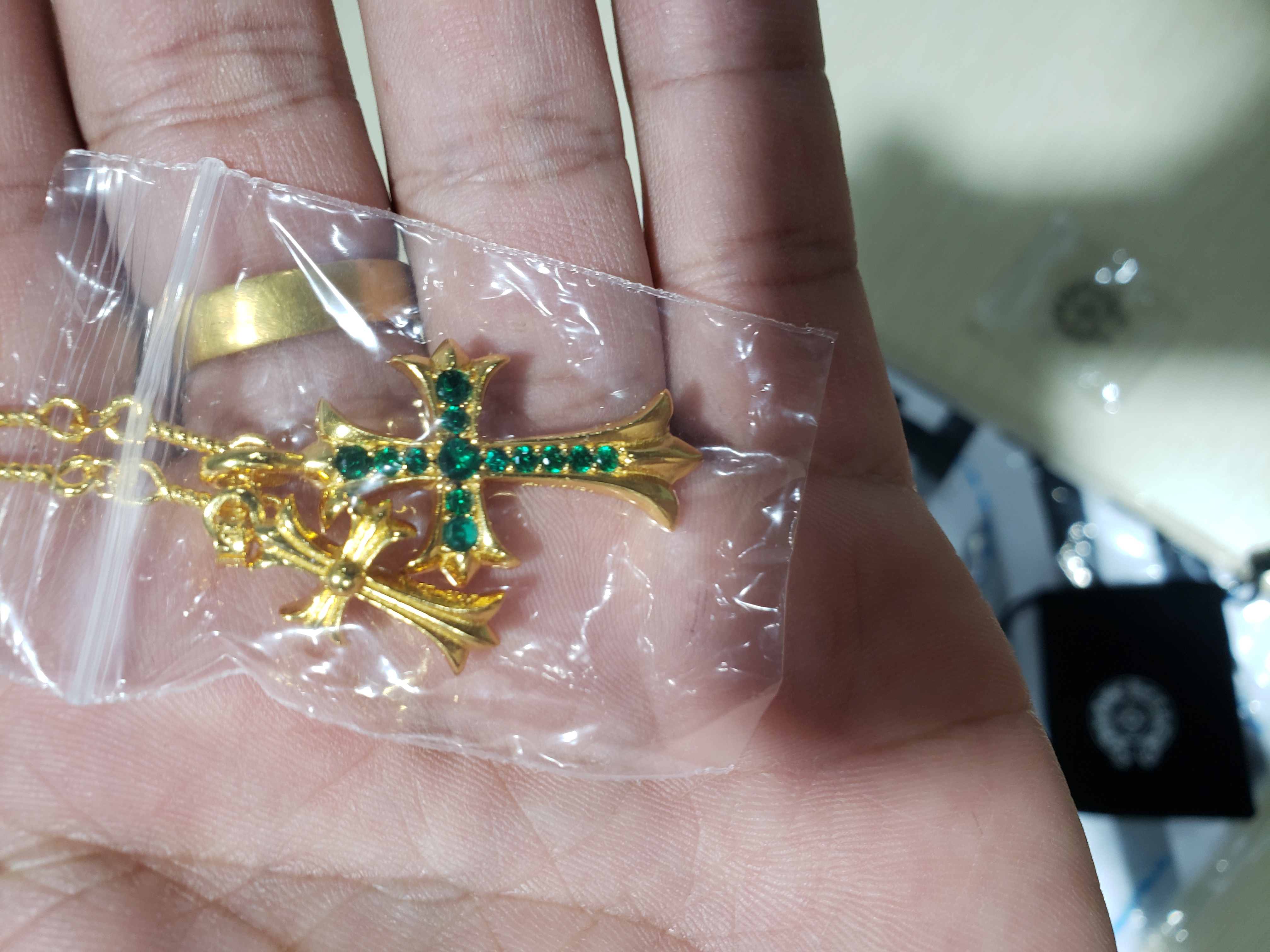Bstsneaker-Chrome Hearts Double Cross Green Diamond Bamboo Necklace 180