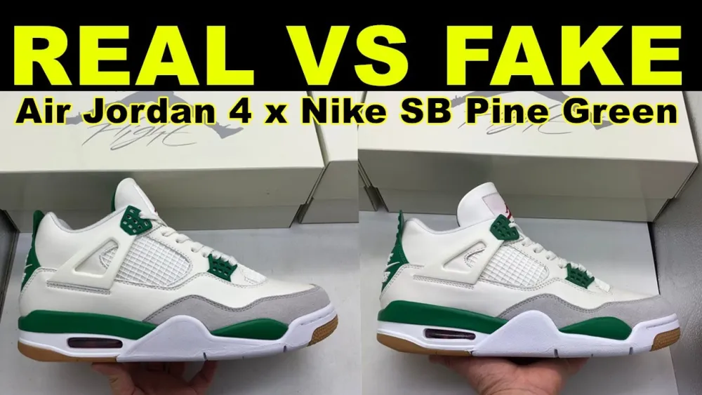 Real vs fake Nike SB x Air Jordan 4 Pine Green sneakers from bstsneaker.com