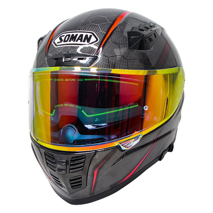 Full Face Helmet-Carbon Fiber with Chrome Double Lens Capacetes Casco SOMAN X7 Black Red carbon Fiber