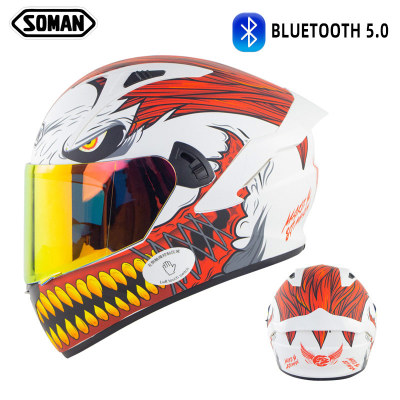 Full Face Helmet- casco with big Spoiler Double lens SOMAN SM968 white red monster