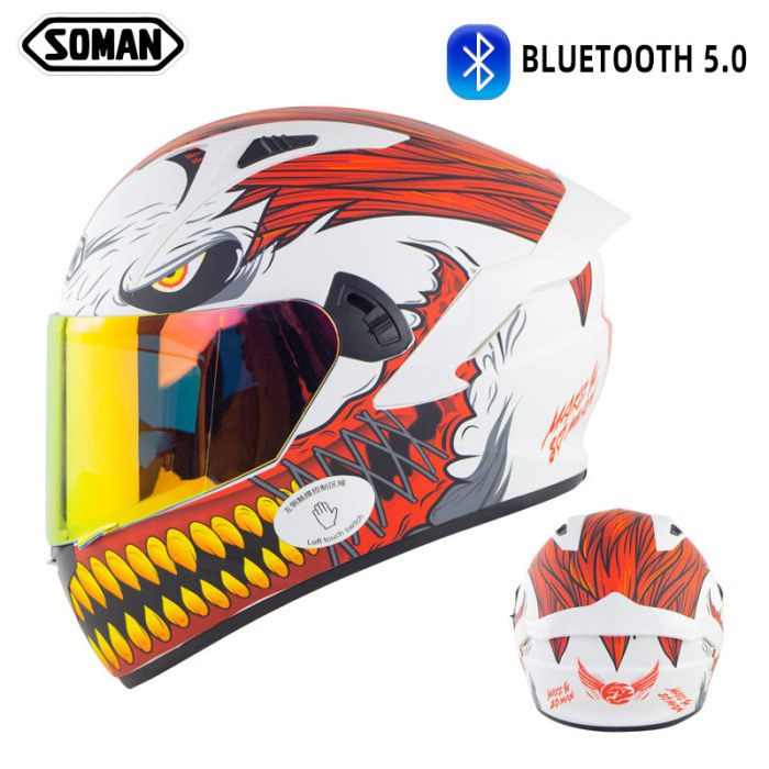 Full Face Helmet- casco with big Spoiler Double lens SOMAN SM968 white red monster